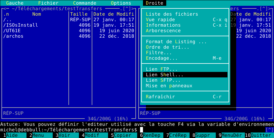 Sélection de loption Lien Shell